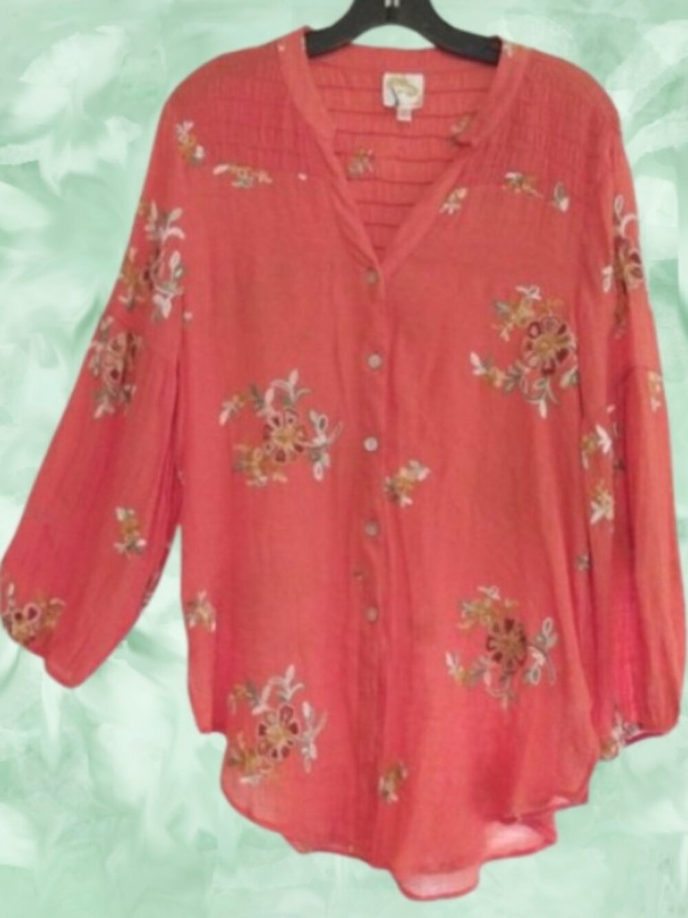 Fig & Flower Blouse XL Floral Artisan Embroidered Boho Cottagecore Smocked Back